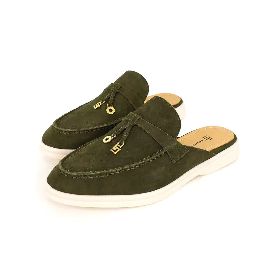 Mocassin Ouvert En Daim Kaki Femme