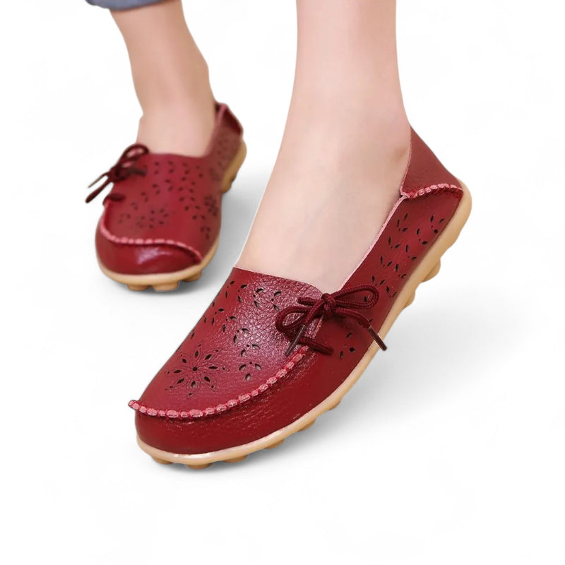 Mocassin Femme Cuir Respirant Motif Bordeaux