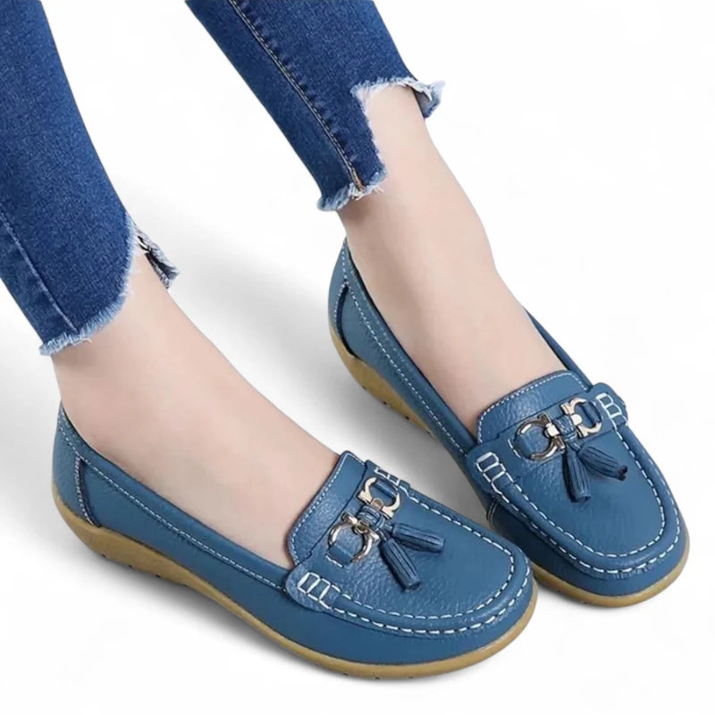 Mocassin Cuir Bleu Respirant Femme Compensé
