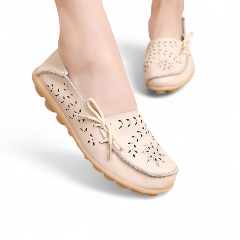 Mocassin Femme Cuir Respirant Motif Beige