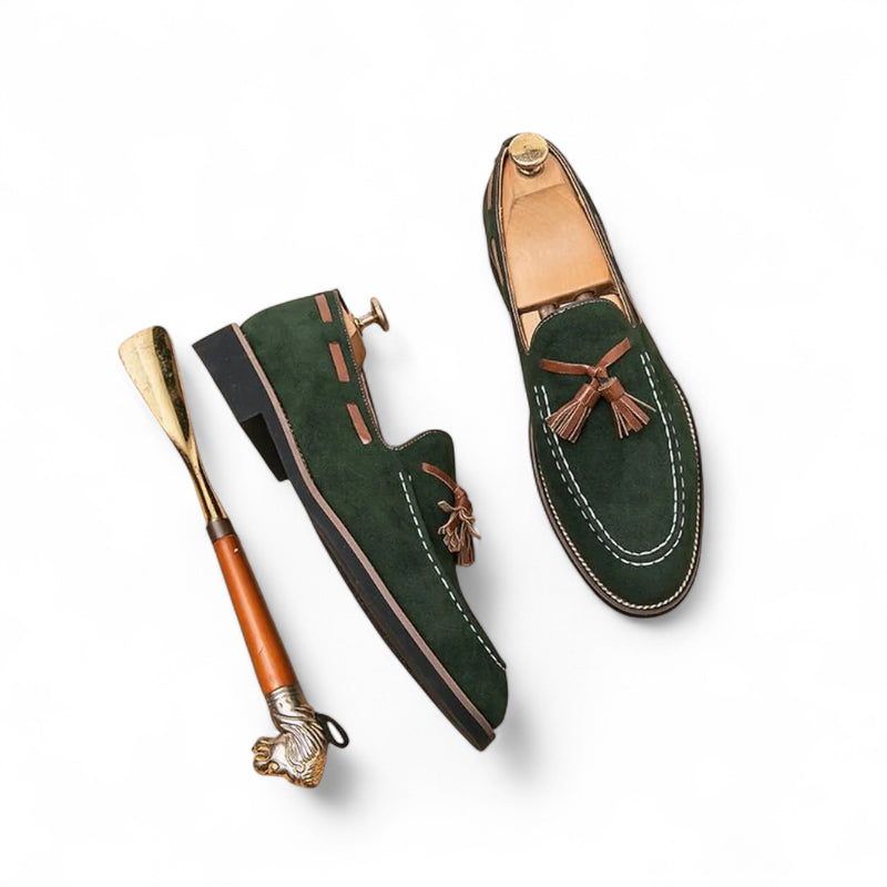 Mocassin Daim Vert à Glands Marron Homme