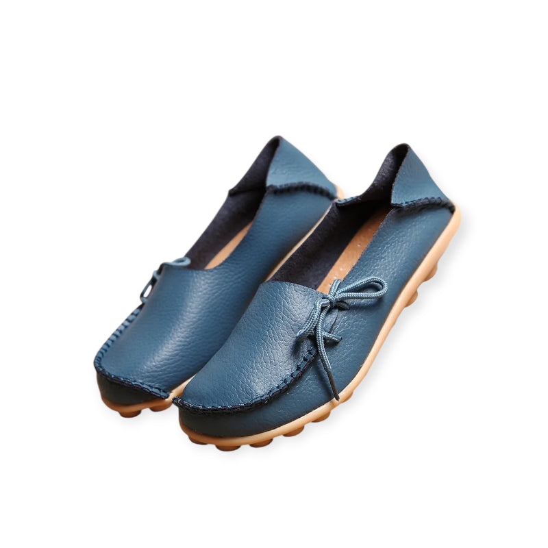 Mocassin En Cuir Bleu à Lacet Pour Femme