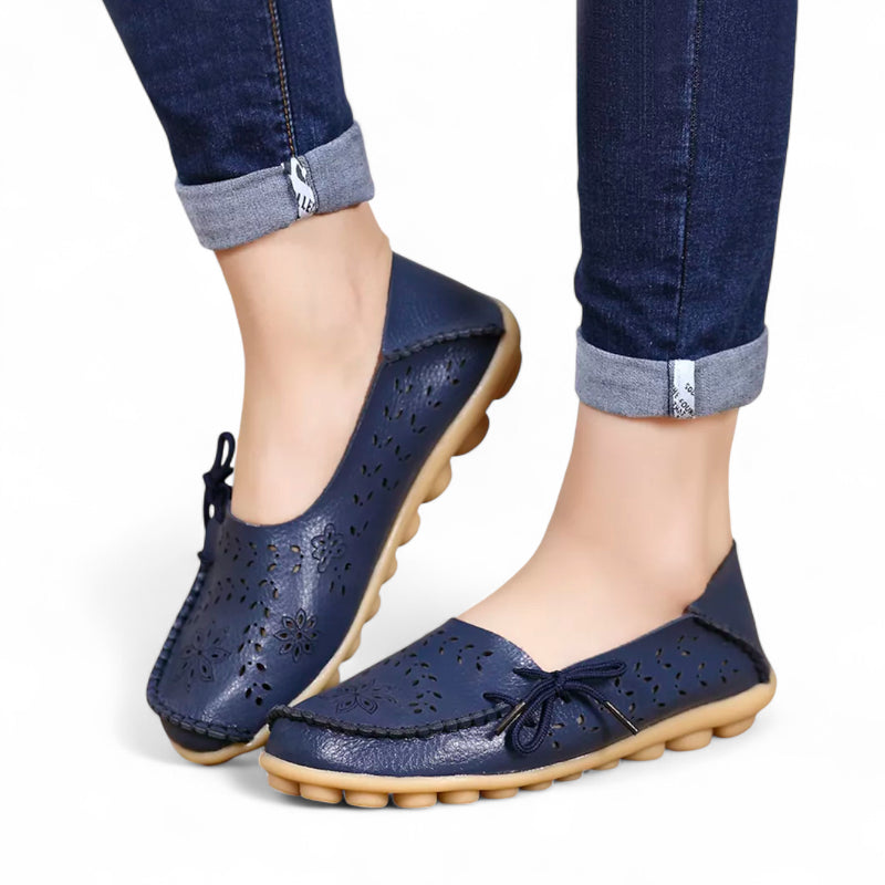 Mocassin Femme Cuir Respirant Motif Bleu Marine