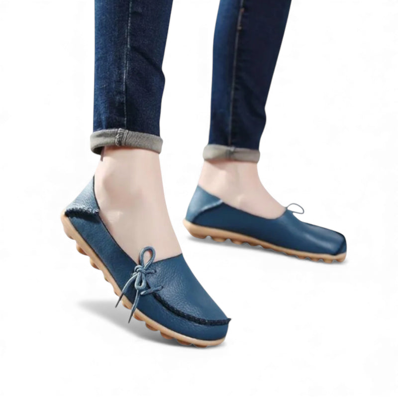 Mocassin En Cuir Bleu à Lacet Pour Femme