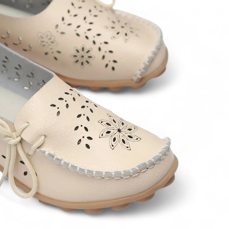 Mocassin Femme Cuir Respirant Motif Beige