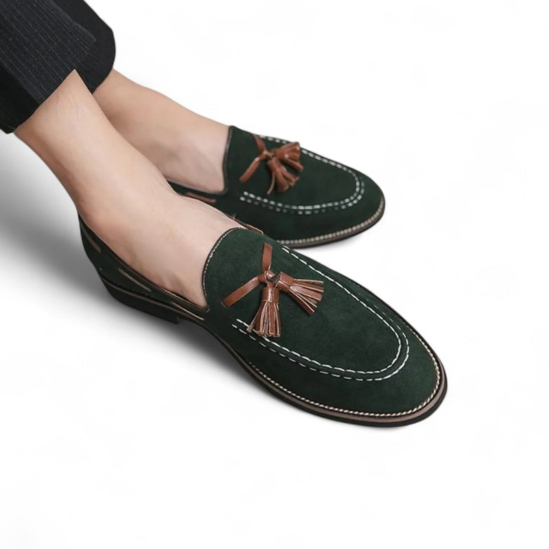 Mocassin Daim Vert à Glands Marron Homme