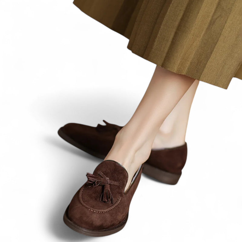 Mocassin En Daim Marron à Talon Pour Femme