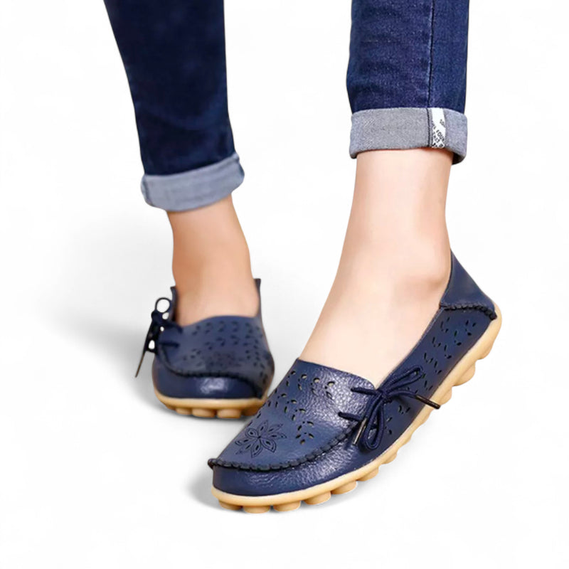 Mocassin Femme Cuir Respirant Motif Bleu Marine