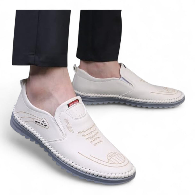 Mocassin Blanc En Cuir Pour Homme Semelle Bleue