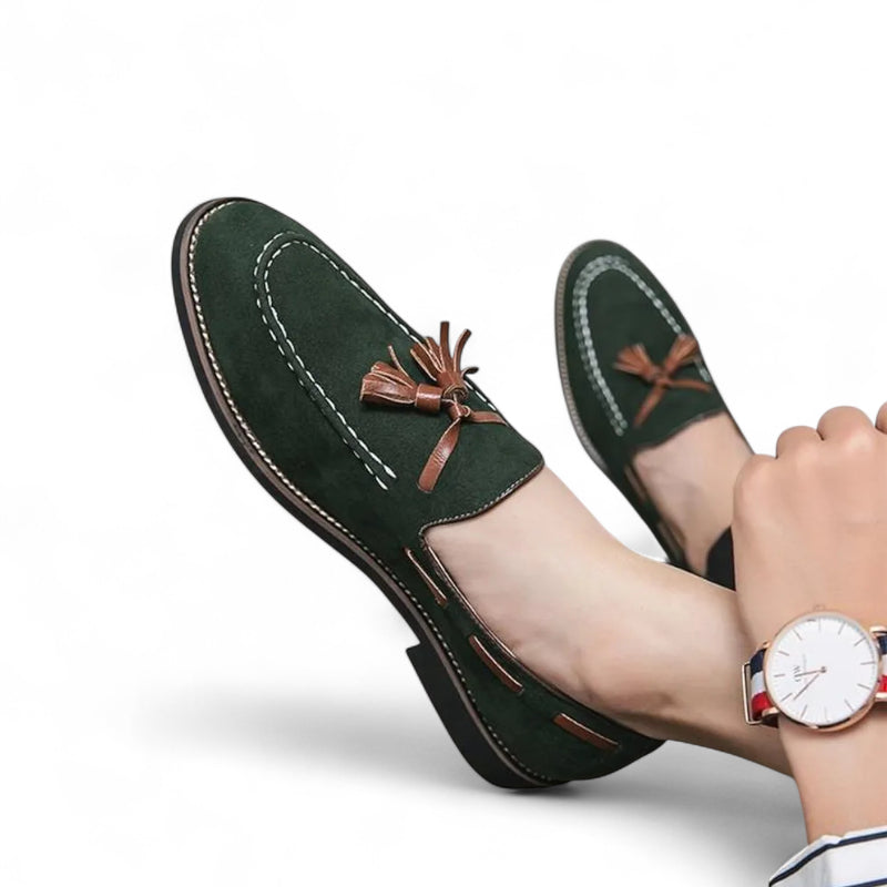 Mocassin Daim Vert à Glands Marron Homme