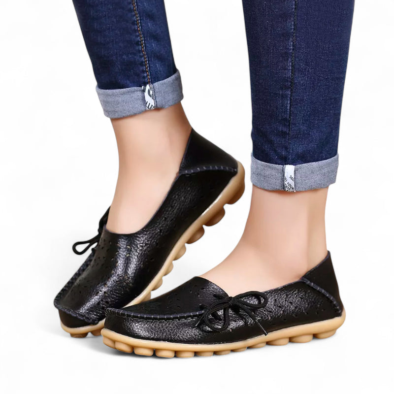Mocassin Femme Cuir Respirant Motif Noir