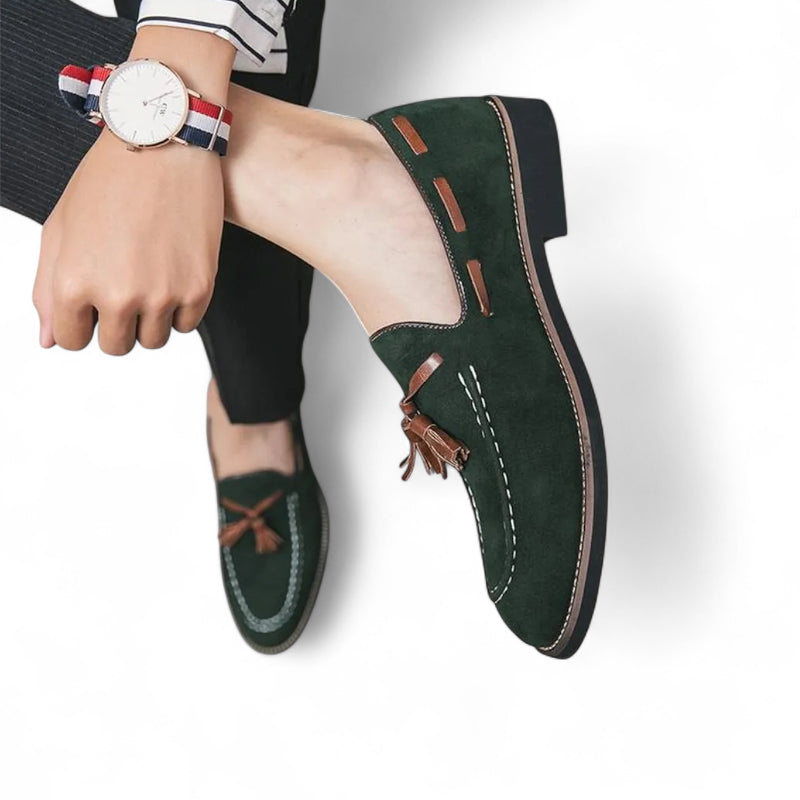 Mocassin Daim Vert à Glands Marron Homme