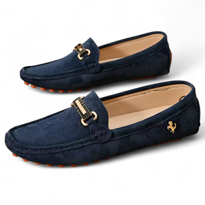 Mocassin En Daim Bleu Marine Avec Broche Pour Homme