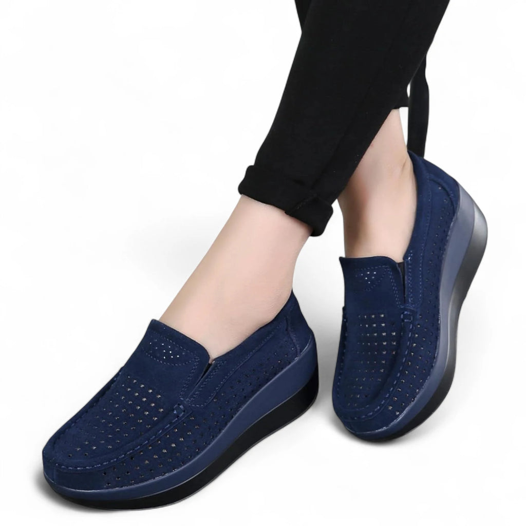 Mocassin En Daim Bleu Marine Plateforme Respirant Femme