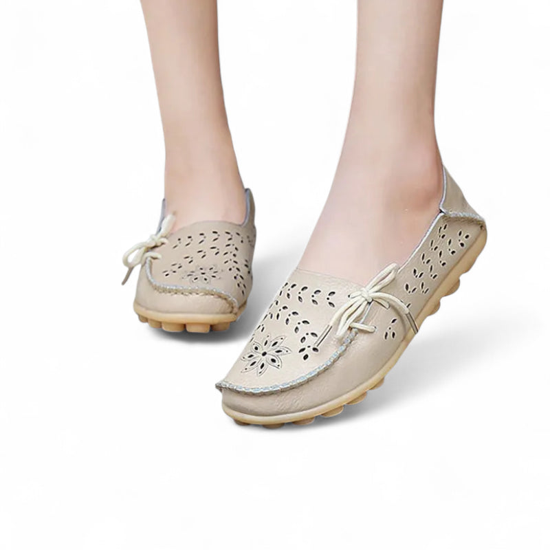 Mocassin Femme Cuir Respirant Motif Beige