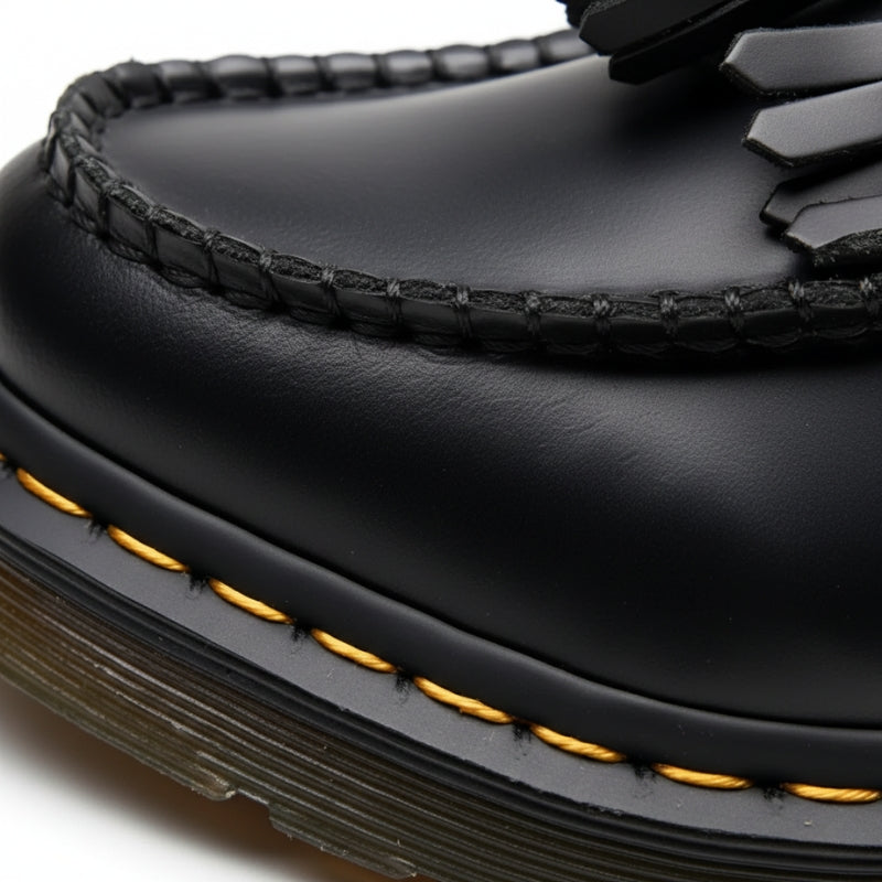 Mocassin En Cuir Véritable Noir À Glands Et Frange Surpiqure Jaune