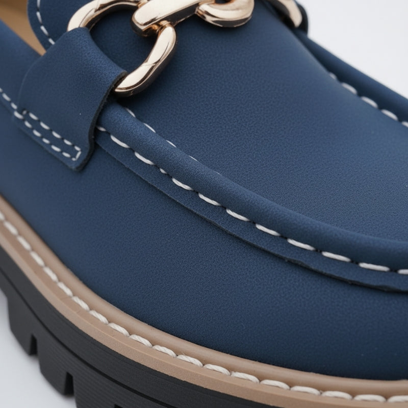 Mocassin En Daim Bleu Marine Chainette Plateforme Pour Femme