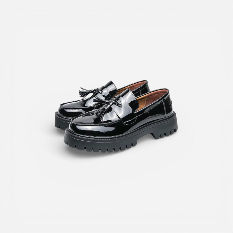 Mocassin Compensé En Cuir Vernis Noir à Gland Pour Homme