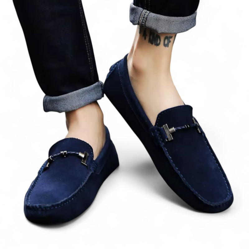 Mocassin En Daim Bleu Marine Avec Chaine Pour Homme