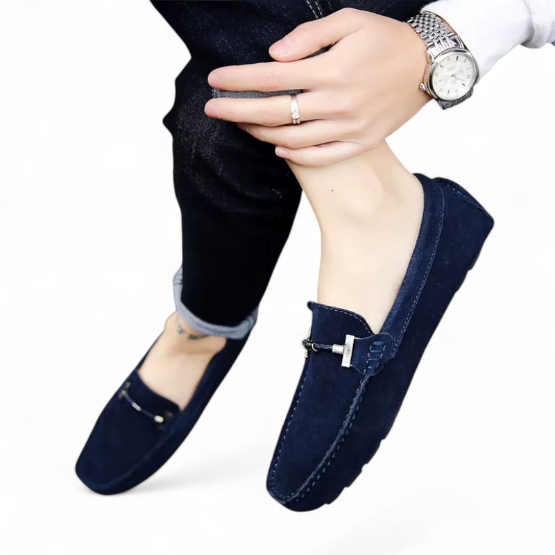 Mocassin En Daim Bleu Marine Avec Chaine Pour Homme