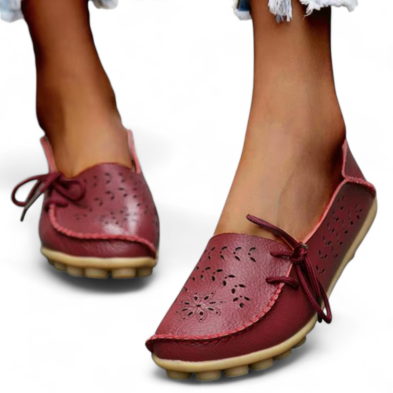Mocassin Femme Cuir Respirant Motif Bordeaux