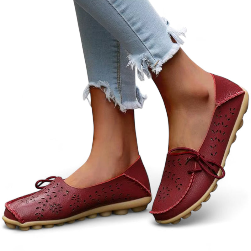 Mocassin Femme Cuir Respirant Motif Bordeaux