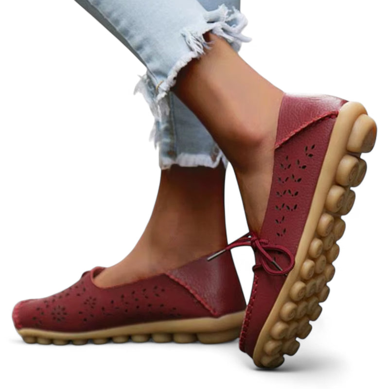 Mocassin Femme Cuir Respirant Motif Bordeaux