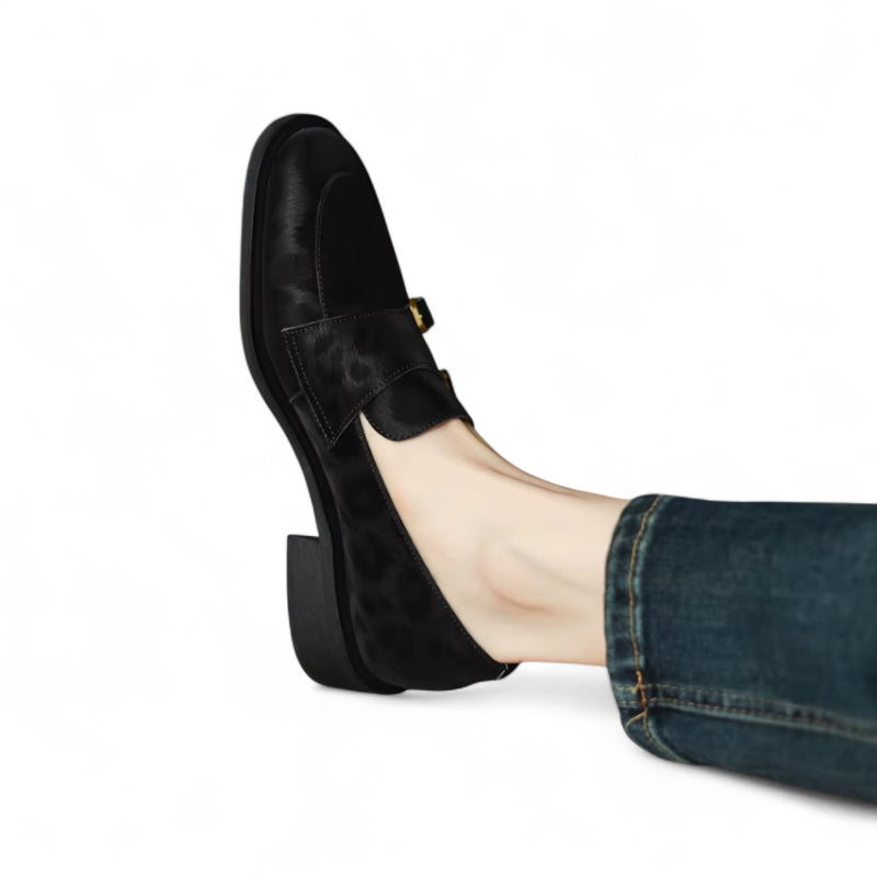 Mocassin En Cuir Noir Design Léopard Femme