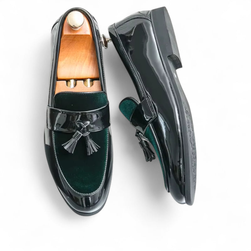 Mocassin Cuir Noir Et Vert Vernis Homme