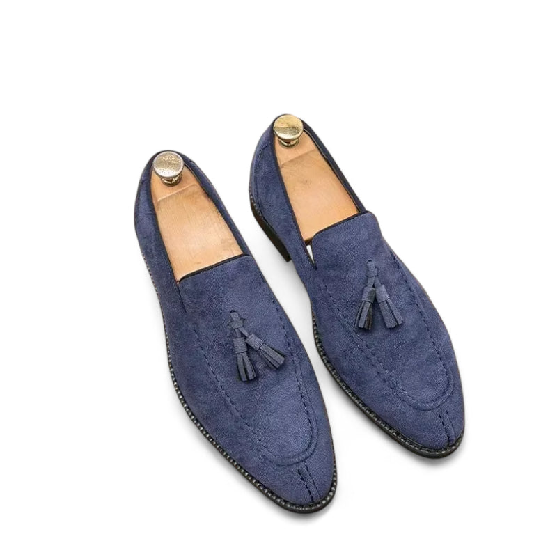 Mocassin En Daim Bleu Marine à Glands Bout Pointu Homme