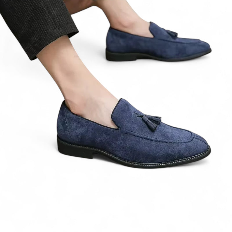 Mocassin En Daim Bleu Marine à Glands Bout Pointu Homme