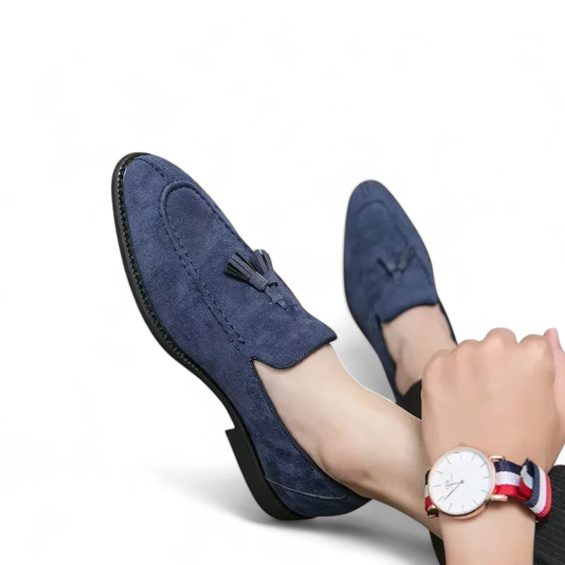 Mocassin En Daim Bleu Marine à Glands Bout Pointu Homme