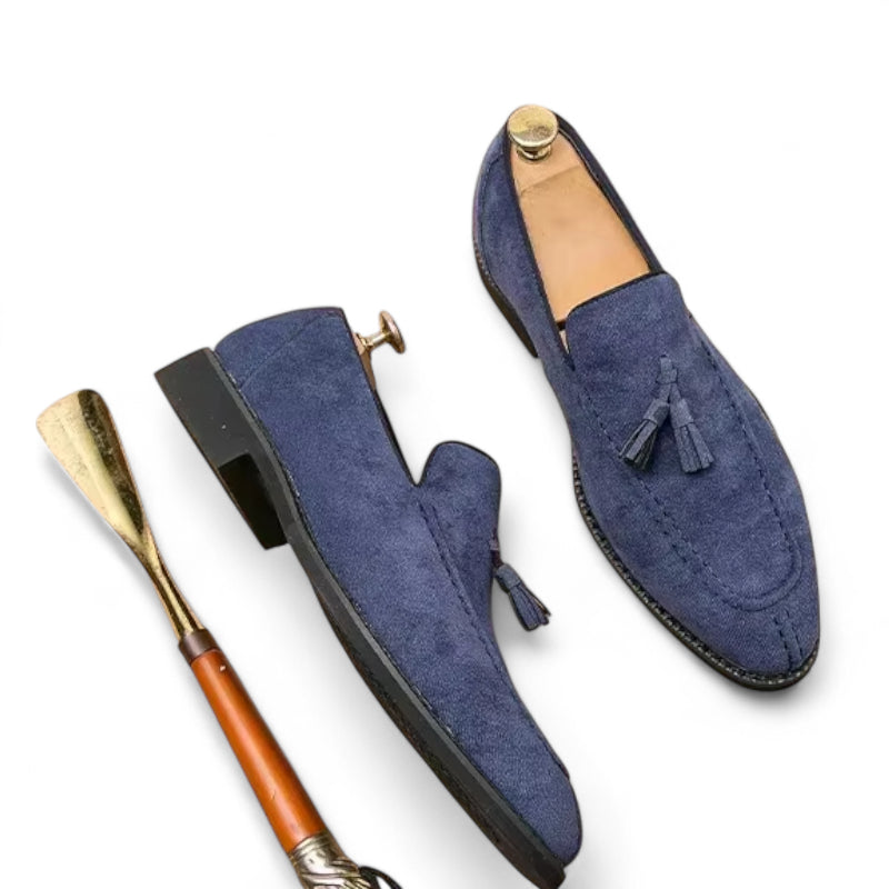 Mocassin En Daim Bleu Marine à Glands Bout Pointu Homme