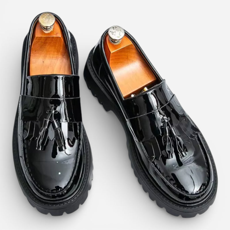 Mocassin Compensé En Cuir Vernis Noir Homme