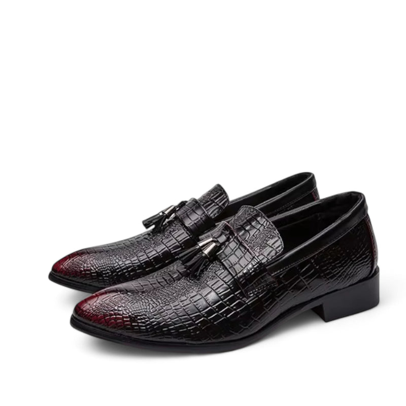 Mocassin En Cuir Vernis Noir Et Rouge à Gland Homme