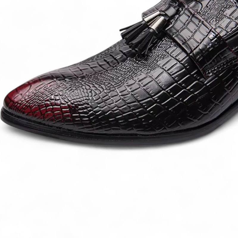 Mocassin En Cuir Vernis Noir Et Rouge à Gland Homme