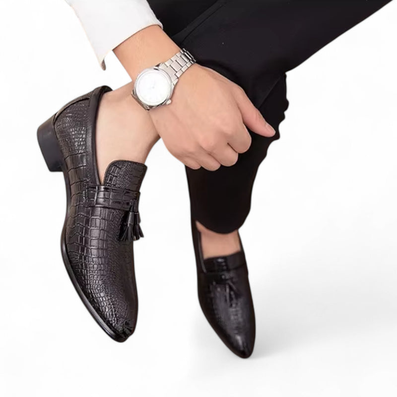 Mocassin En Cuir Vernis Noir écailles Homme