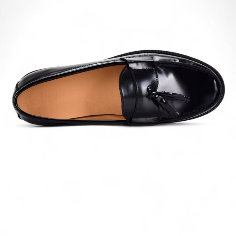 Mocassin Noir Vernis à Talon Et Glands Pour Homme