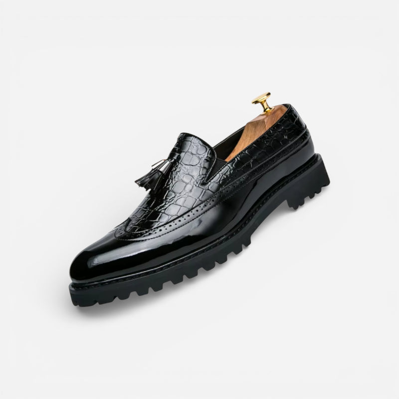 Mocassin En Cuir Noir Vernis à Motifs Compensé Pour Homme