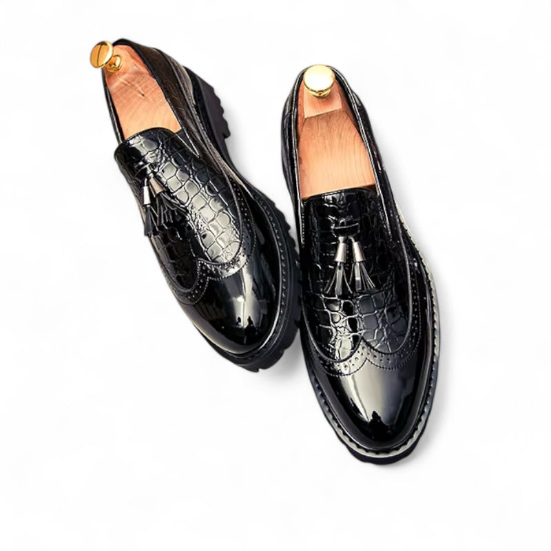 Mocassin En Cuir Noir Vernis à Motifs Compensé Pour Homme