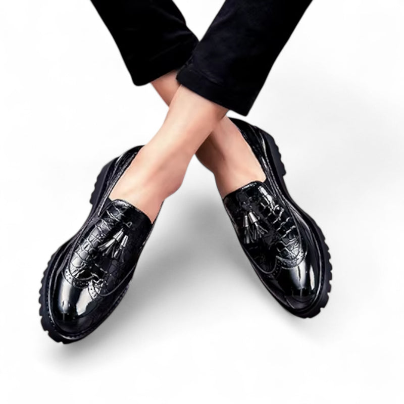 Mocassin En Cuir Noir Vernis à Motifs Compensé Pour Homme