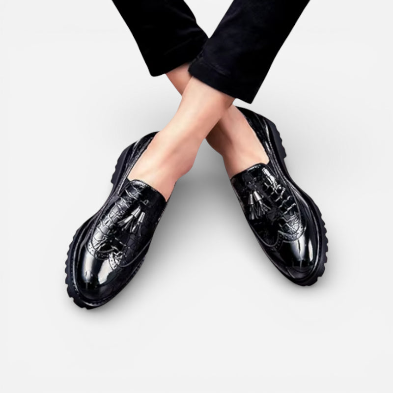 Mocassin En Cuir Noir Vernis à Motifs Compensé Pour Homme