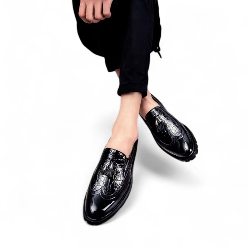 Mocassin En Cuir Noir Vernis à Motifs Compensé Pour Homme