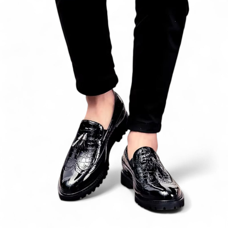 Mocassin En Cuir Noir Vernis à Motifs Compensé Pour Homme