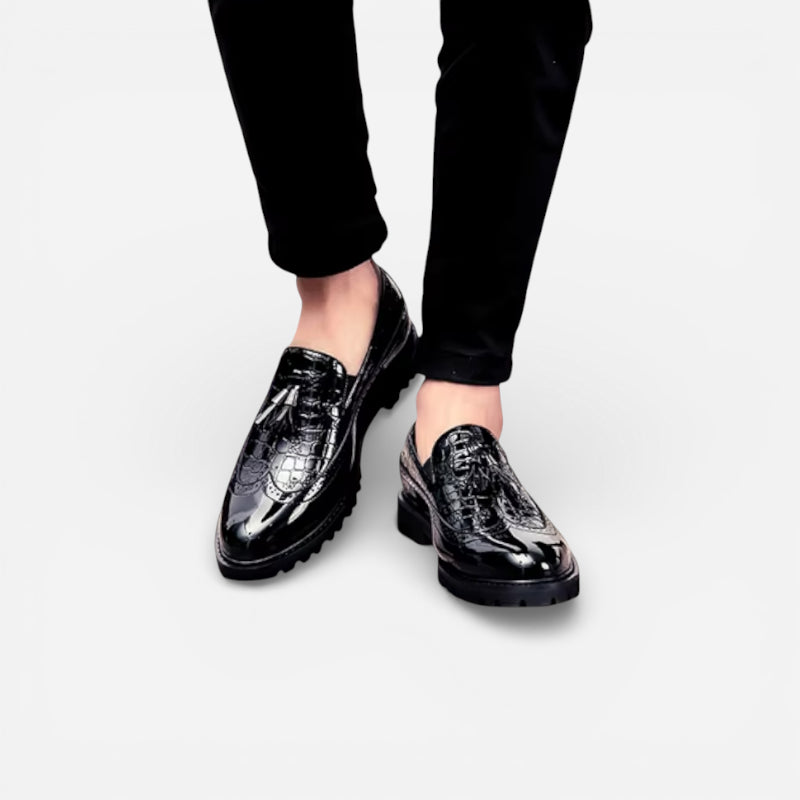 Mocassin En Cuir Noir Vernis à Motifs Compensé Pour Homme