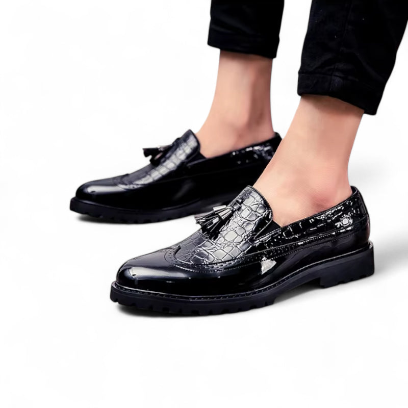 Mocassin En Cuir Noir Vernis à Motifs Compensé Pour Homme