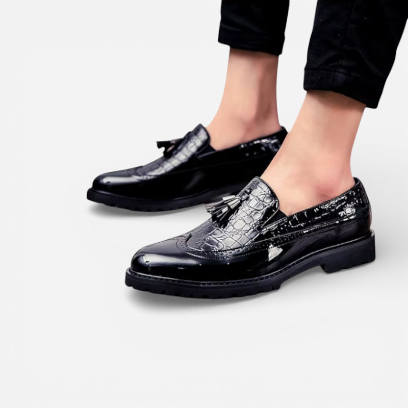 Mocassin En Cuir Noir Vernis à Motifs Compensé Pour Homme