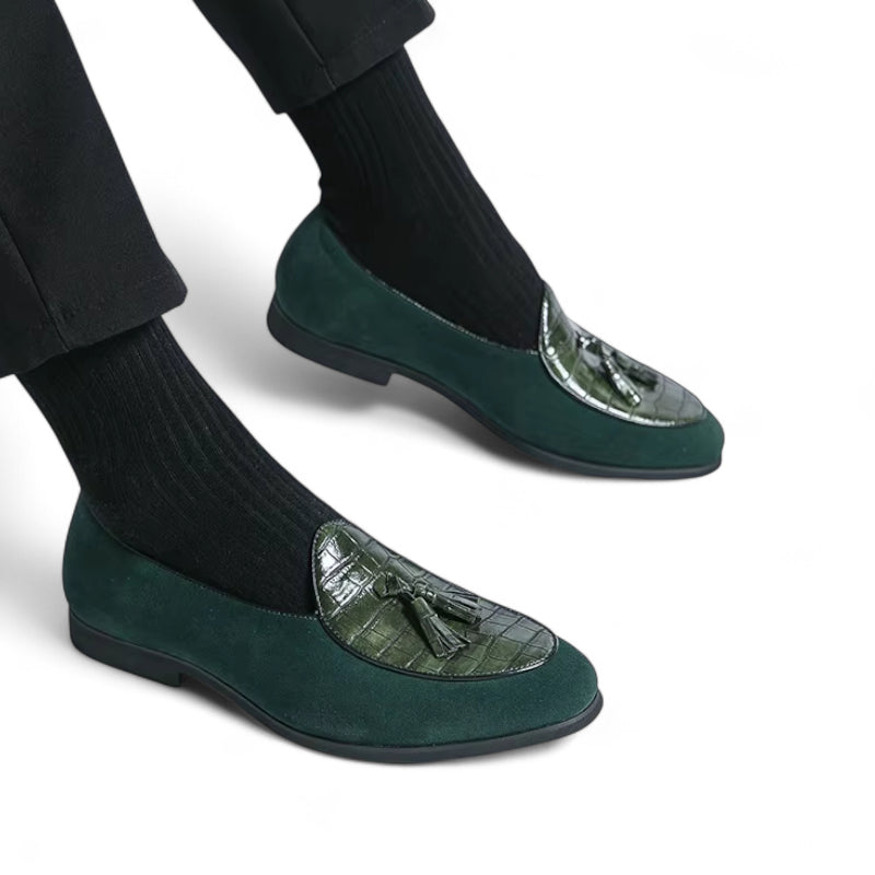 Mocassin Daim Et Cuir Vert à Gland Pour Homme