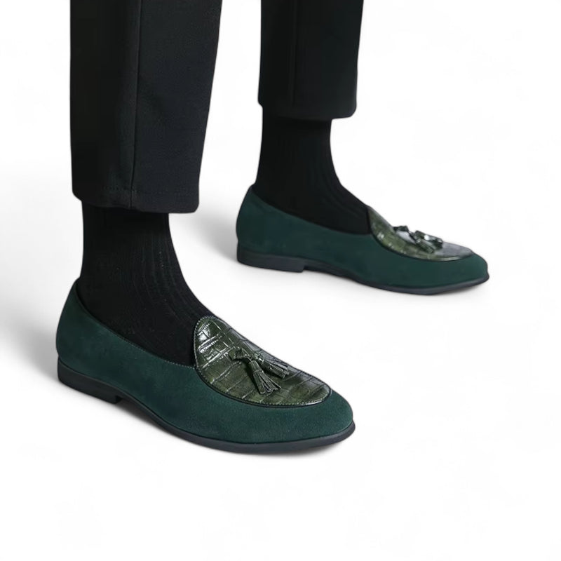 Mocassin Daim Et Cuir Vert à Gland Pour Homme