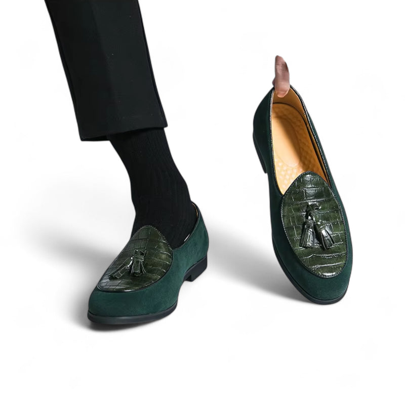 Mocassin Daim Et Cuir Vert à Gland Pour Homme
